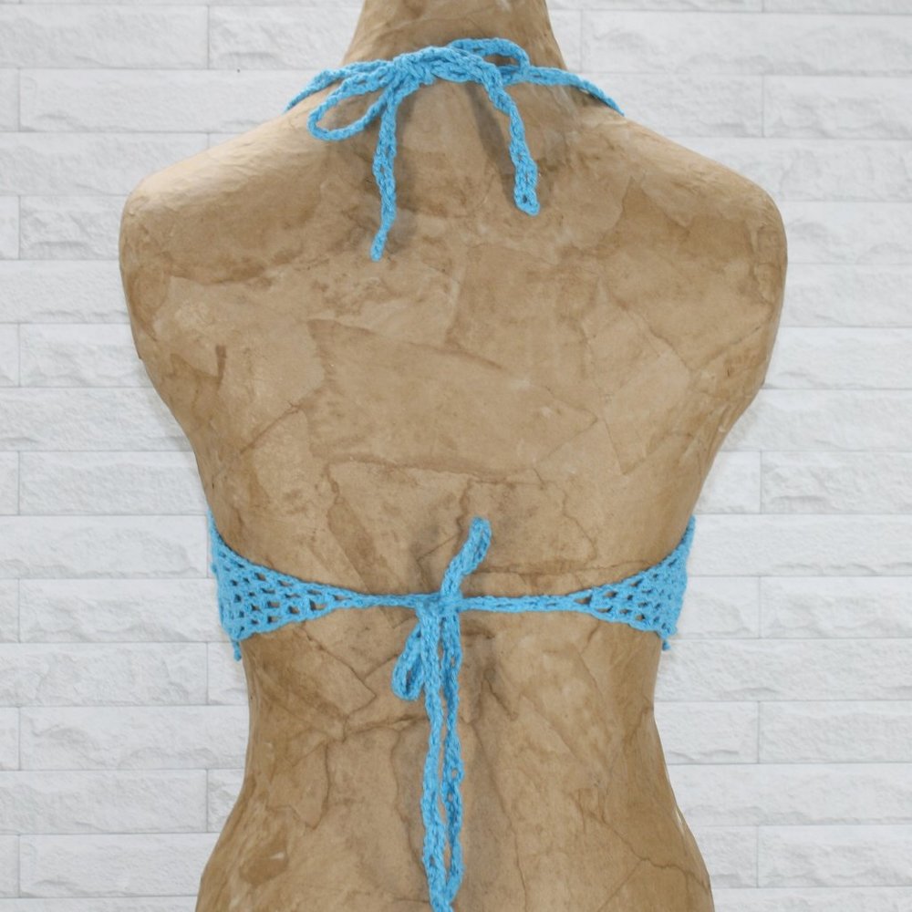 HAND CRAFTED Crop Top Halter Bikini Crochet Flower Power Spring Daisy Turquoise - Picture 4 of 13